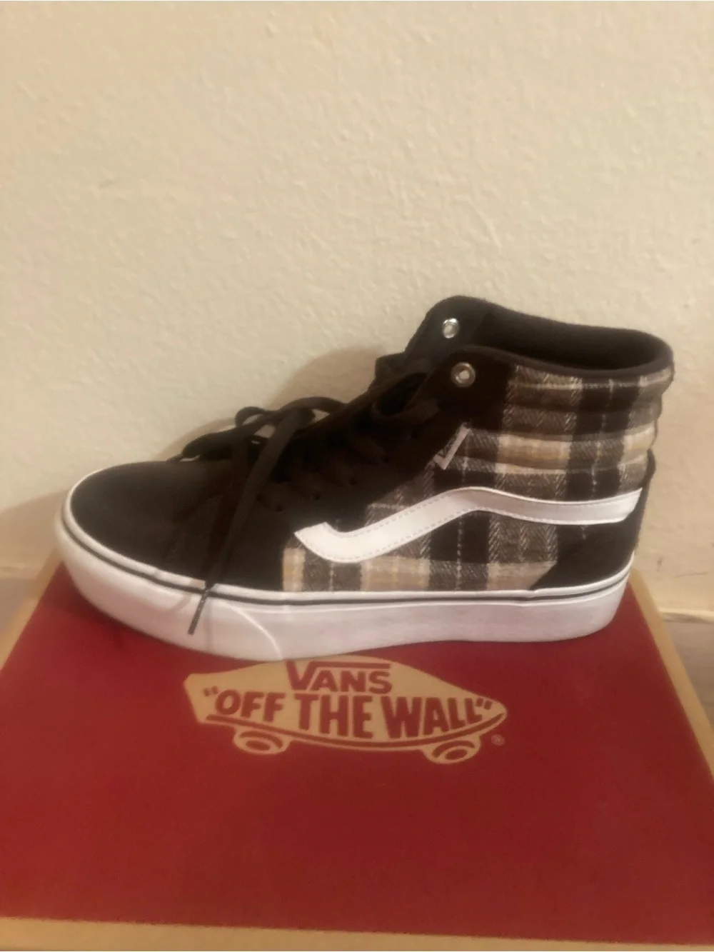 Vans Filmore Hi Platform Brown White High-Top Sneakers Houndstooth and Plaid